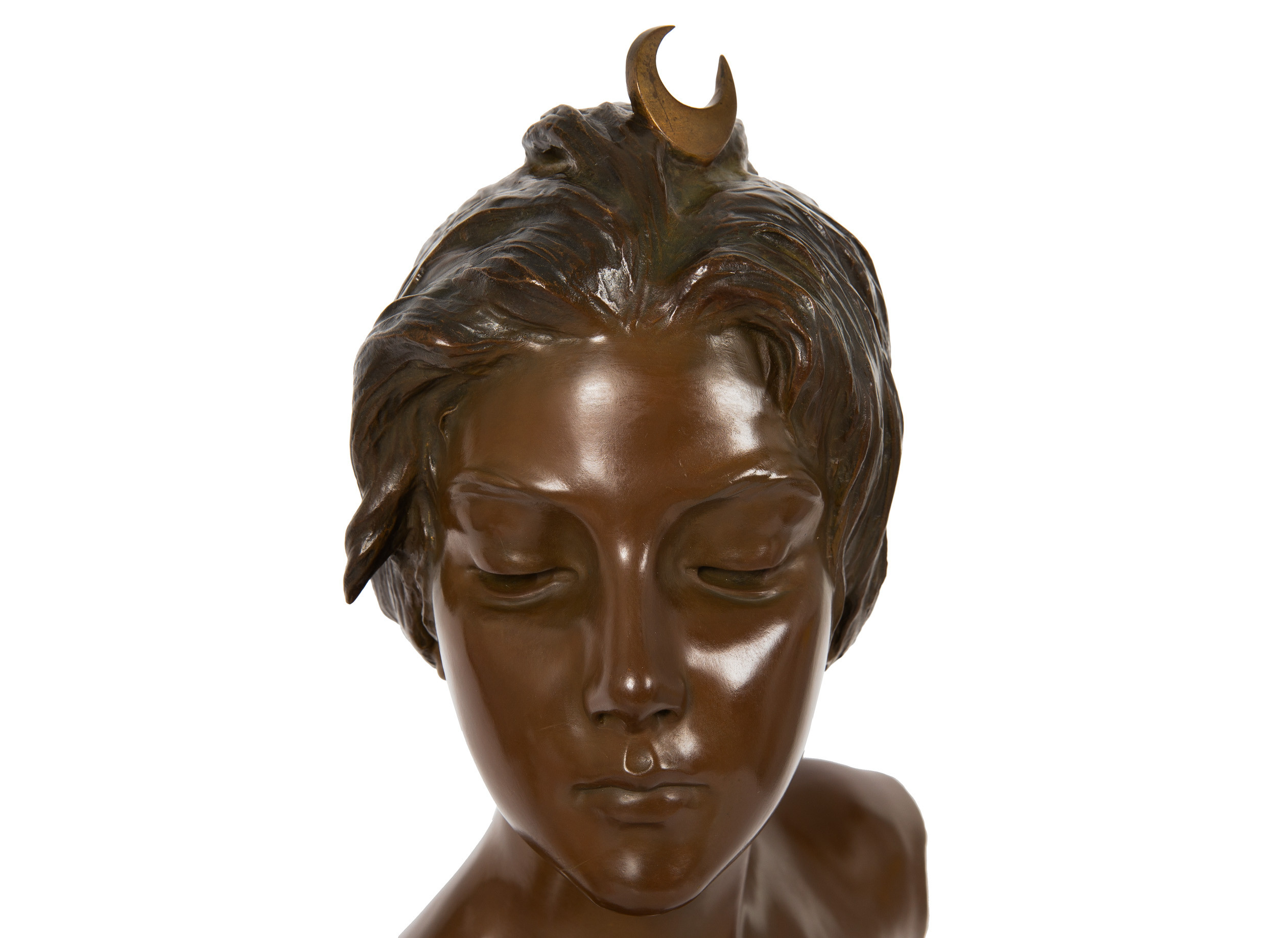 Art Nouveau Antique Bronze Bust of Diana the Huntress by Emmanuel Villanis