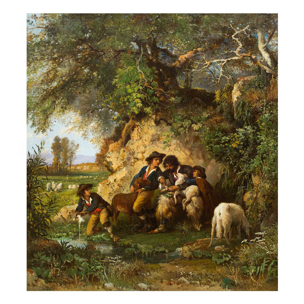 Bucolic Landscape of Shepherds with Injured Lamb by Hermann David