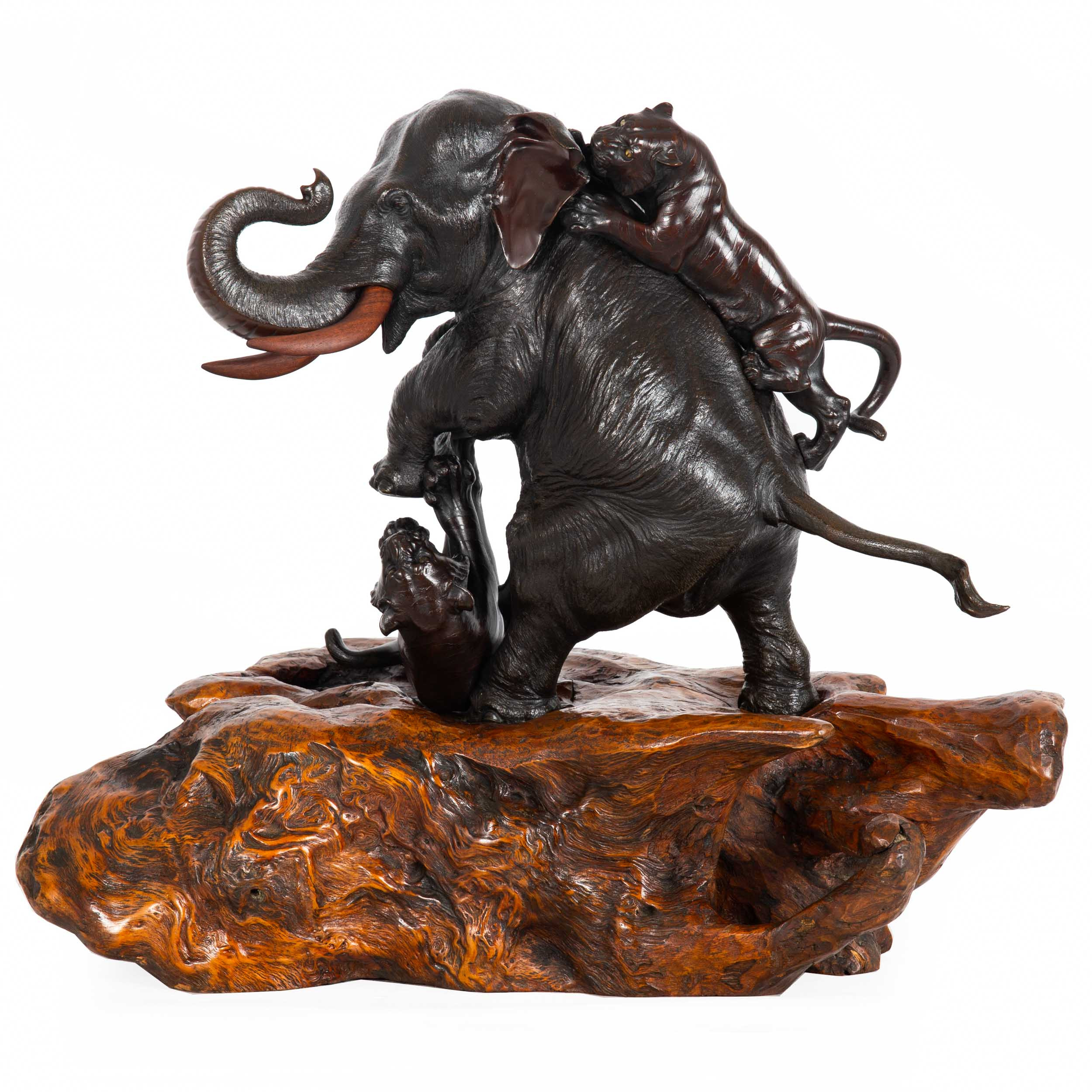 Exceedingly Fine Bronze Okimono of Elephant Attacked by Tigers