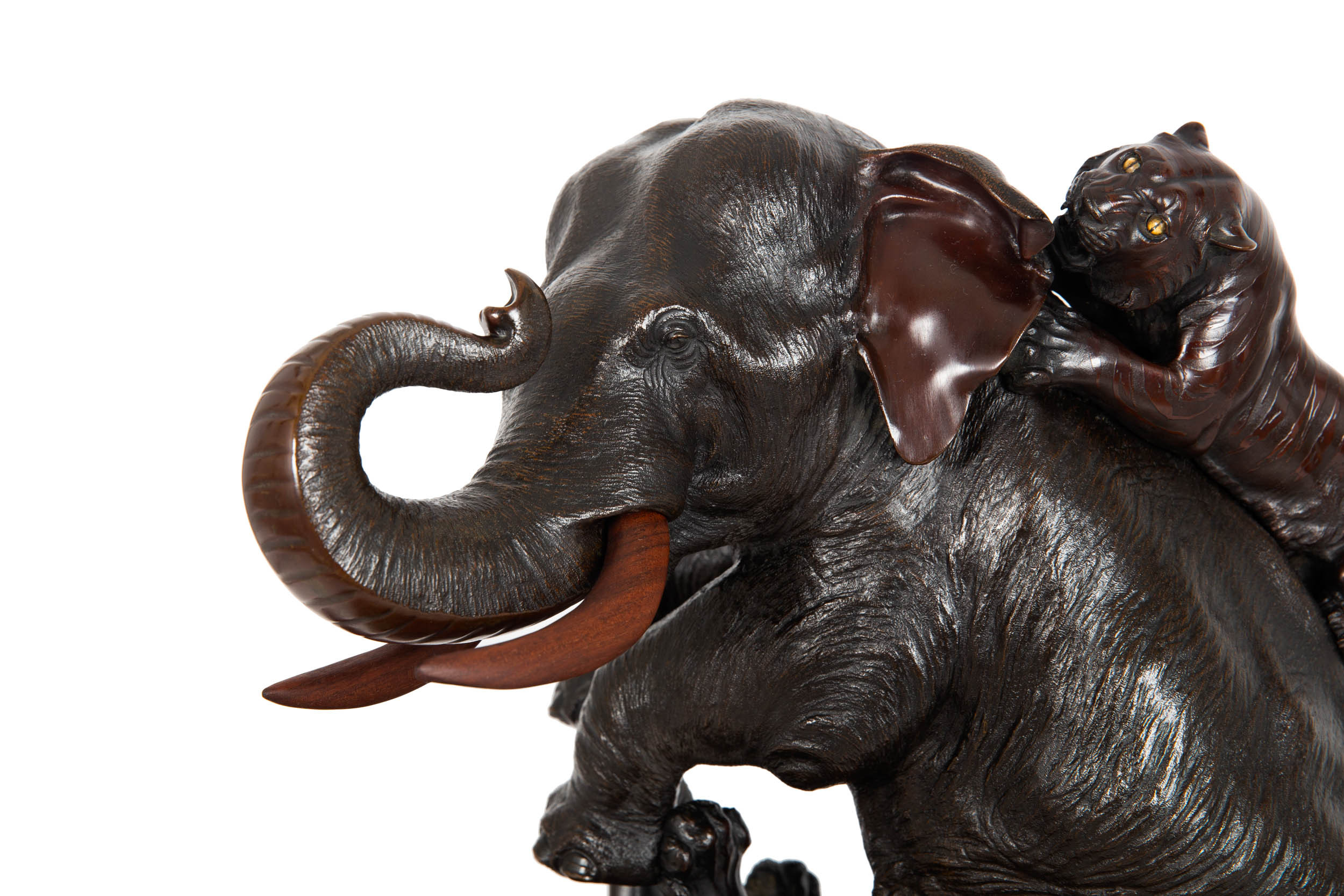 Exceedingly Fine Bronze Okimono of Elephant Attacked by Tigers