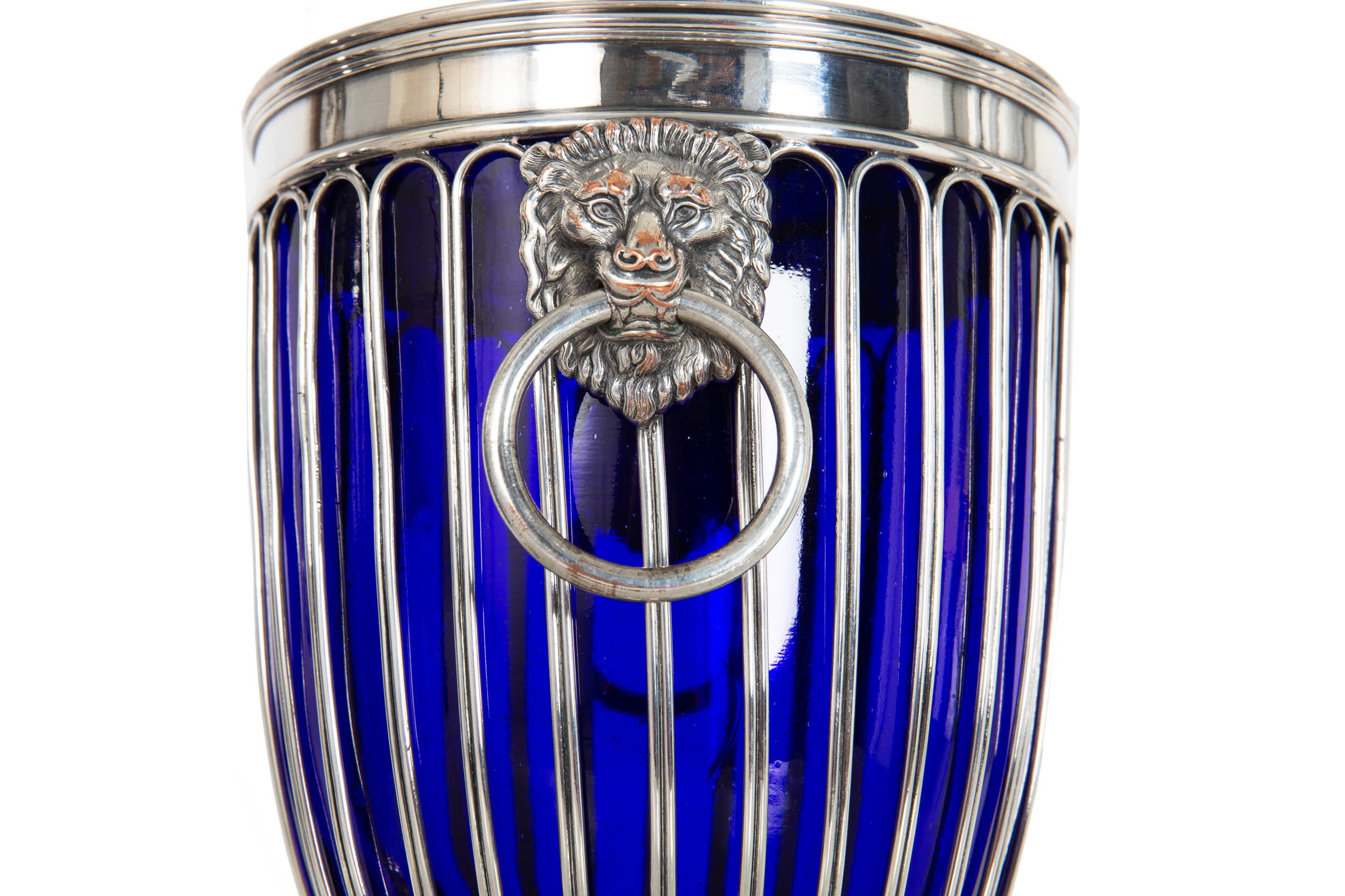 Pair of English Silver-Plate Cobalt Glass Chestnut Urns