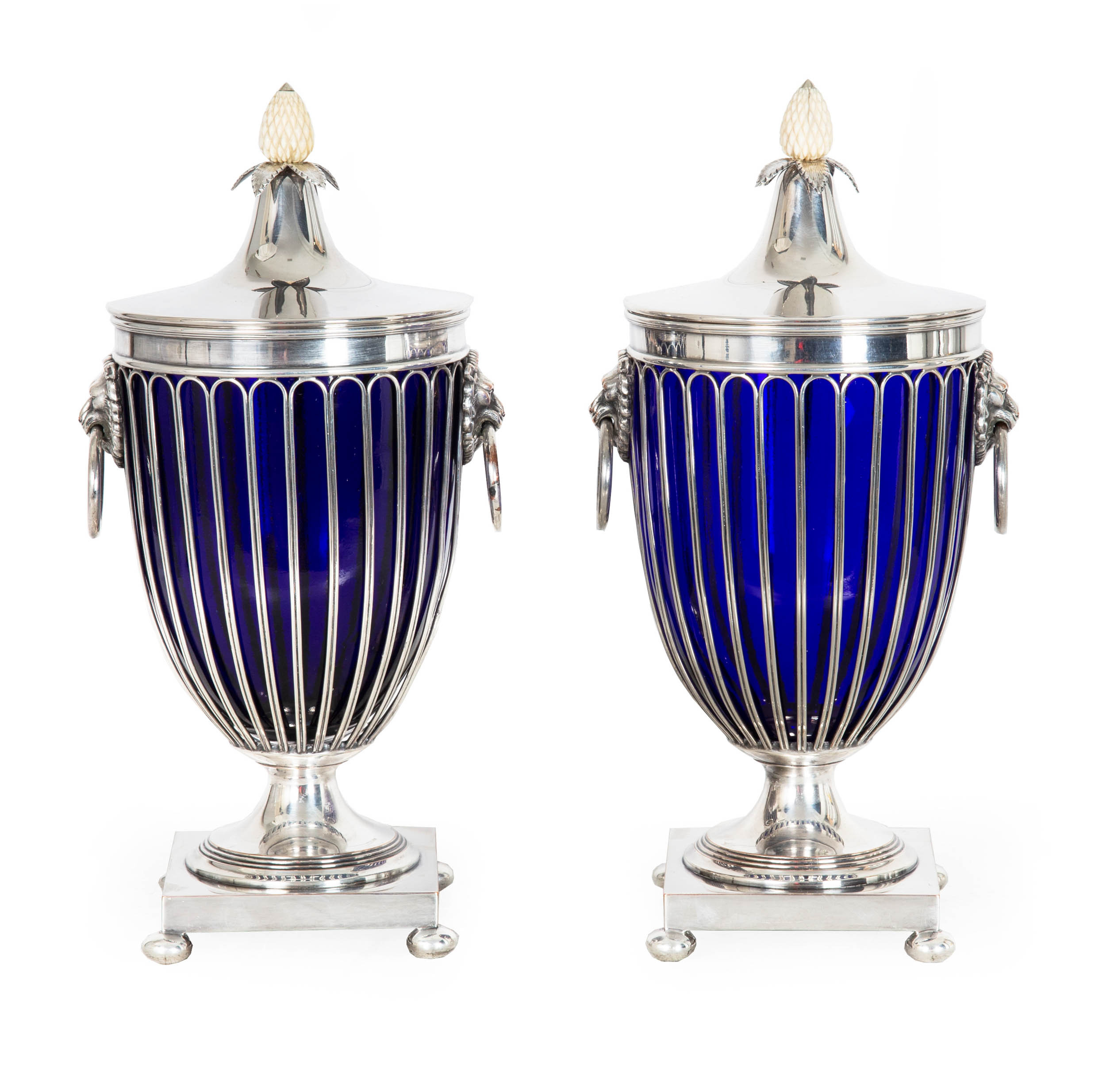 Pair of English Silver-Plate Cobalt Glass Chestnut Urns