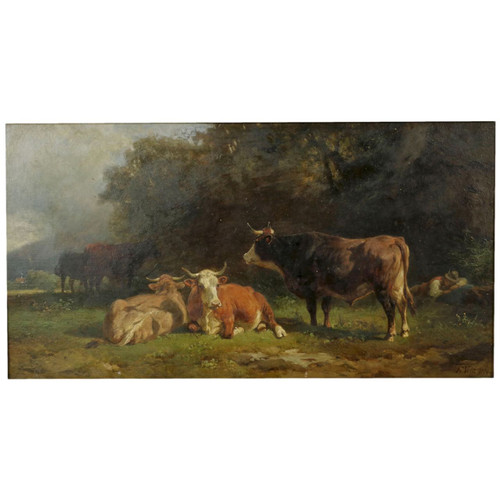 Friedrich Johann Voltz (German, 1817-1886) "Cowherd and Cattle Resting"