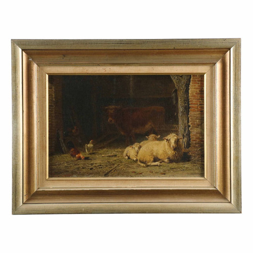 Frans Lebret (Dutch, 1820-1909) Painting "Sheep, Cow and Chickens"