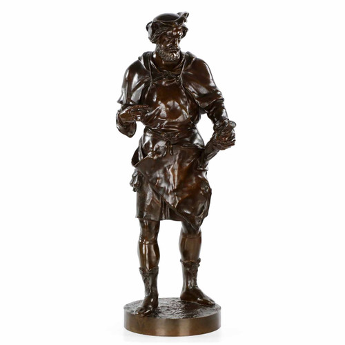 "Imagier, 15th Siécle" Bronze Sculpture by Emile Picault (French, 1839-1915)