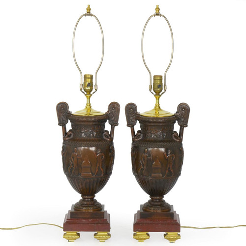 Pair of Classical Bronze Amphora Lamps over Rouge Marble c. 1900 