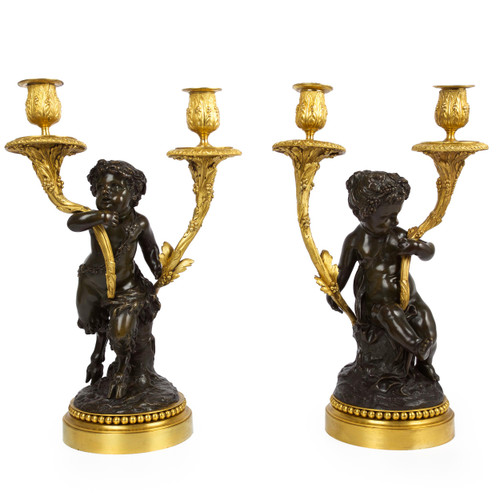 A Fine Pair of "Bacchus & Satyr" Bronze Candelabra after Clodion circa 1880