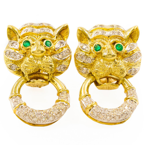 Pair of Gold, Diamond and Emerald Tiger Earrings