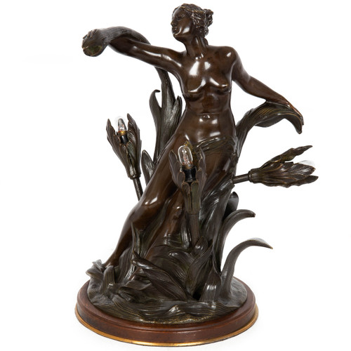 Art Nouveau Bronze Table Lamp of Maiden with Flowers