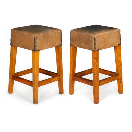 Vintage Worn Leather Counter Height Barstools | A Pair