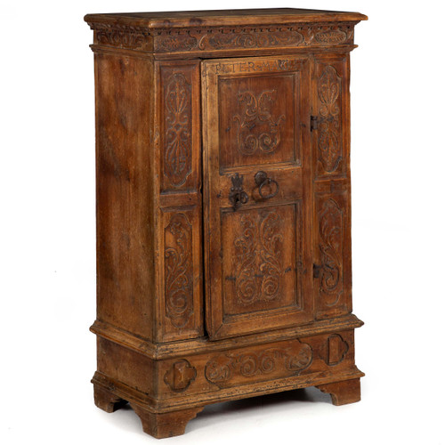 Continental Heavily Worn and Carved One-Drawer Cupboard of Small Proportions