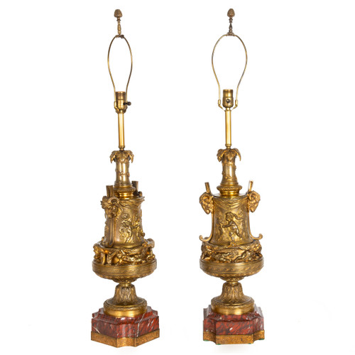 Pair of Louis XVI Style Bronze and Red Marble Table Lamps