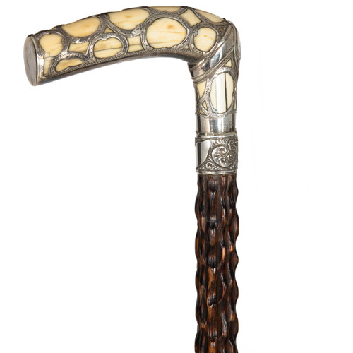 Carved Hardwood Walking Stick with Sterling Handle Carved Hardwood Walking Stick with Sterling Handle