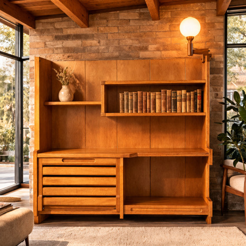 Oak Bookshelf Bar Cabinet | Guillerme and Chambron, circa 1970