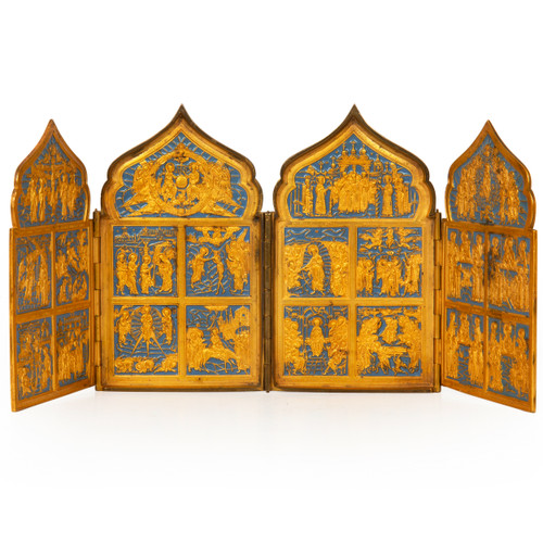 Russian Gilt and Polychromed Polyptych of the Twelve Feasts