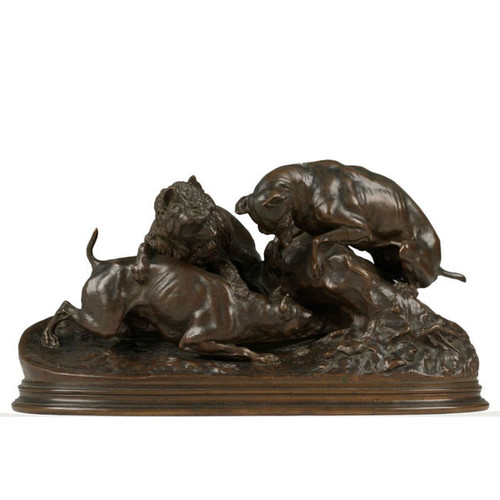 Pierre Jules Mene (French, 1810-71) Antique Bronze Sculpture "Dogs Ferreting"