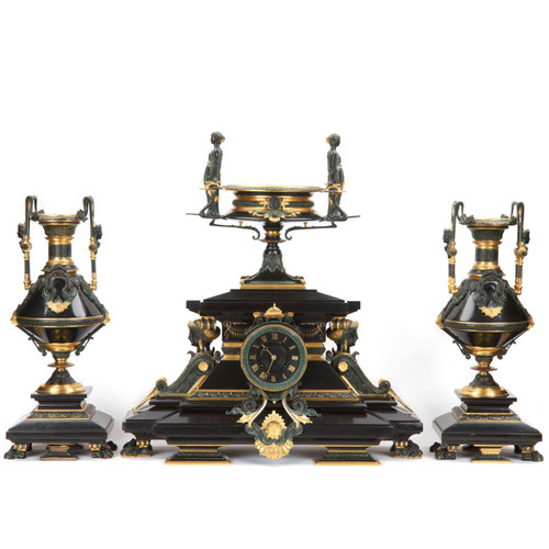 Rare Egyptian Revival Antique Clock Garniture Set, Tiffany & Co c. 1880
