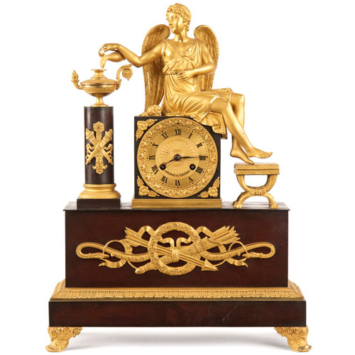 French Napoleon III Antique Bronze Mantel Clock w/ Winged Figural