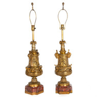 Pair of Louis XVI Style Bronze and Red Marble Table Lamps