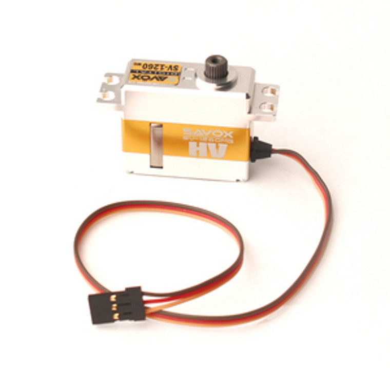 SAVSV1260MG 

MINI DIGITAL HIGH VOLTAGE SERVO 0.055/167@ 7.4V ALUMINUM CASE 
The SV-1260MG is a mini-sized, digital, high voltage, metal-geared servo with an all aluminum case and metal gearset making it one of the strongest and fastest mini servos available.

Features:

Metal gear train provide durability against heavy use.
Capable of HV operation.
All aluminum case provides strength and cooler operating temperatures.
Specifications:

Torque @ 6v - 8.0kg/111.1oz-in
Torque @ 7.4v - 12.0kg/166.6oz-in
Speed @ 6v - 0.065 sec/60 deg
Speed @ 7.4v - 0.055 sec/60 deg
Dimensions L x W x H (mm): 35.0 x 15.0 x 30.7
Weight: 40.0g