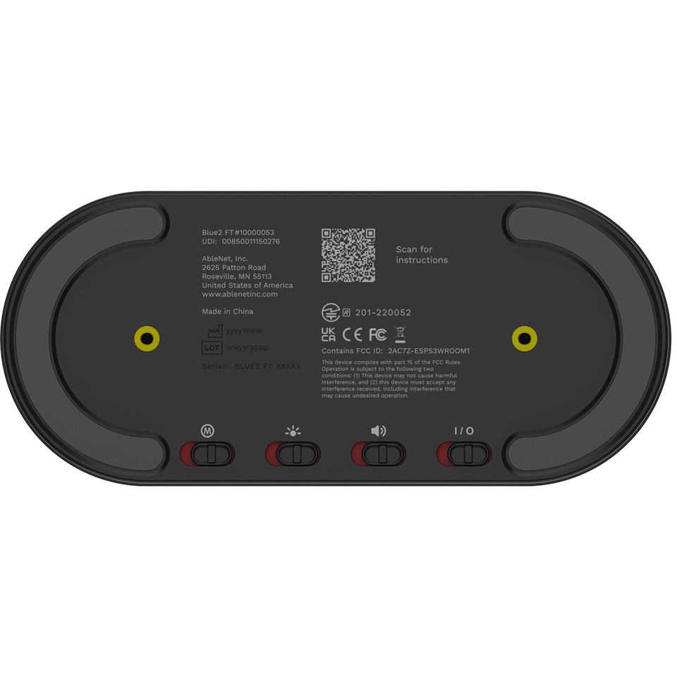 Underside of the device showing switches, certification labels, QR code, and manufacturer details.