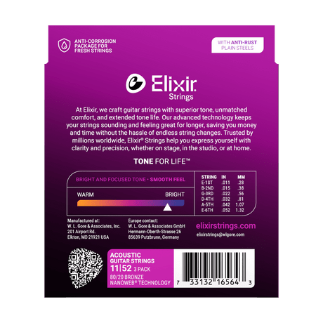 3-Pack 80/20 Bronze Acoustic Guitar Strings with NANOWEB Technology