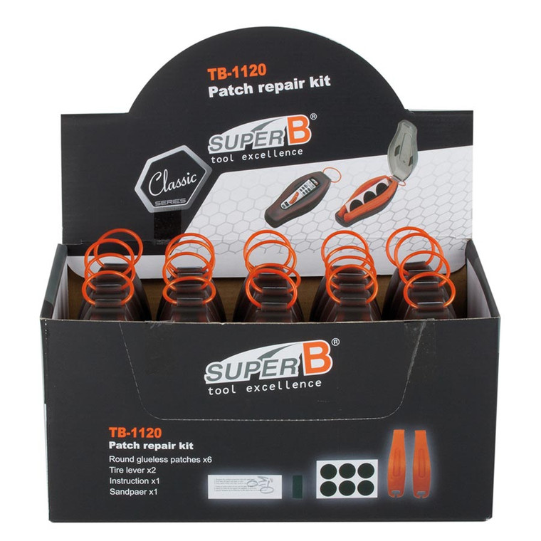 Super-B, TB-1120, Glueless Patches/ Tire levers kits in display box, 20 kits of 6 patches and 2 levers