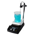 USA Lab Hotplate Stirrer 380 with 5L capacity, featuring a round ceramic-coated heating surface, digital temperature and speed controls, and TUV certification for safety and quality compliance.