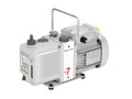 Edwards E2M0.7 two-stage rotary vane vacuum pump, compact benchtop design with DN 10 ISO-KF inlet, quiet 43 dB operation, and IEC power connector.