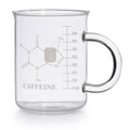 USA Lab beaker-style glass coffee mug with caffeine molecule design and measurement markings on a white background