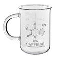 USA Lab beaker-style glass coffee mug with caffeine molecule design and measurement markings on a white background
