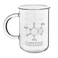 USA Lab beaker-style glass coffee mug with caffeine molecule design and measurement markings on a white background
