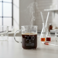 Glass beaker-style coffee mug filled with coffee on a laboratory table surrounded by glassware