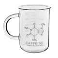 USA Lab beaker-style glass coffee mug with caffeine molecule design and measurement markings on a white background
