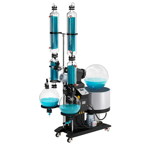 USA Lab 50L Dual Set-up Explosion Proof Rotary Evaporator EXRDS-1050 angled right view with solvent fluid in glassware