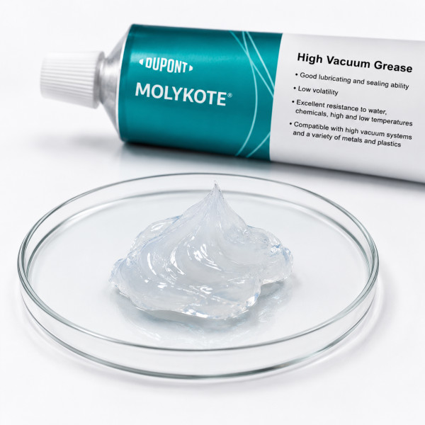 Close-up of DuPont MOLYKOTE High Vacuum Grease showing the translucent silicone grease consistency in a glass petri dish.