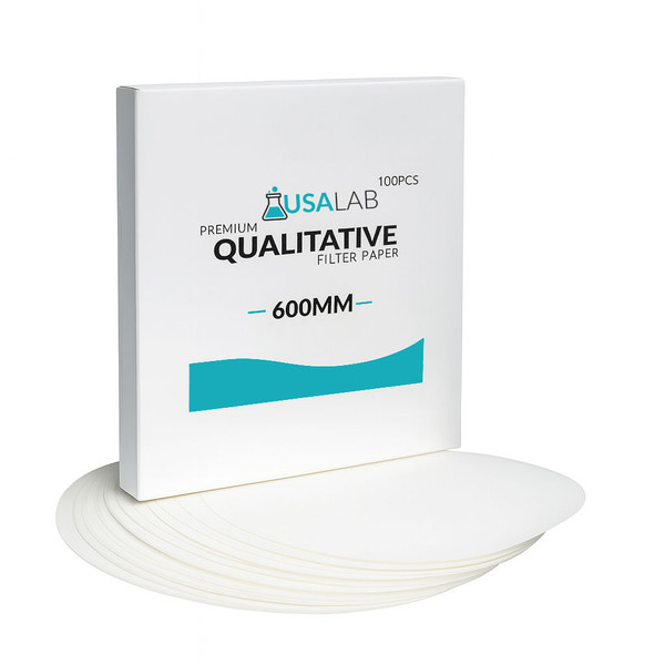 USA Lab Premium Qualitative Filter Paper 600mm, 100-piece box, shown with stacked round white filter papers in front of the packaging on a white background.