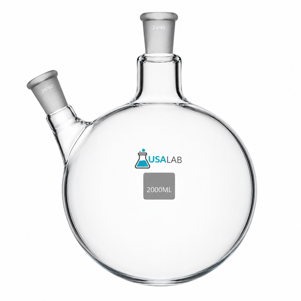 USA Lab two-neck round bottom flask made from Borosilicate 3.3 glass for laboratory heating, distillation, mixing, and chemical reactions.
