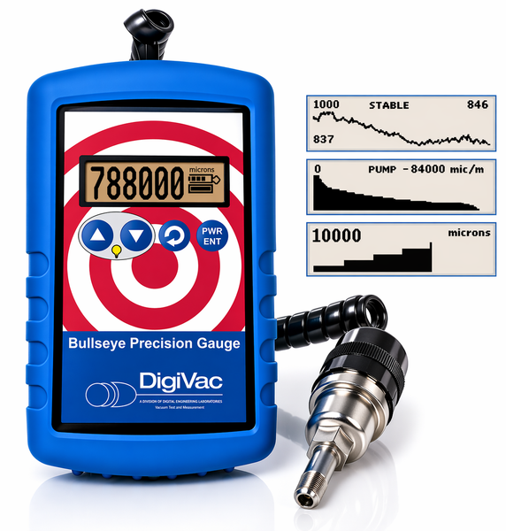 Digivac Bullseye Precision Gauge vacuum meter showing graphical vacuum readings and sensor probe for real-time analysis