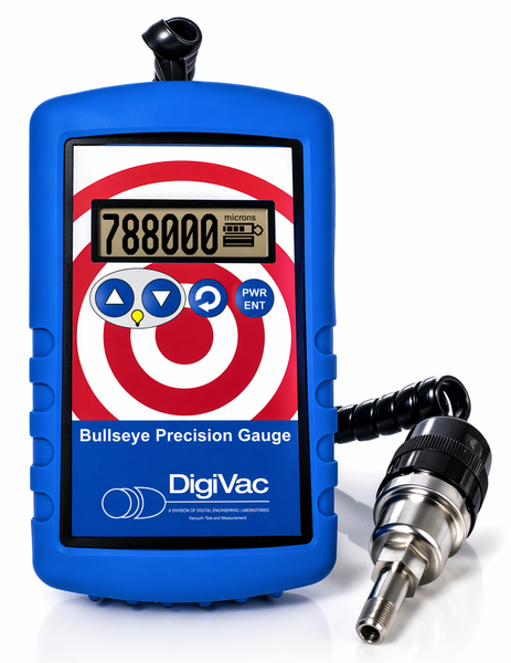 Digivac Bullseye Precision Gauge portable vacuum gauge with digital display and stainless steel sensor probe on white background