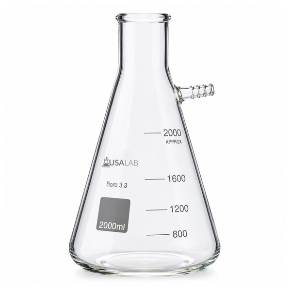 USA Lab Borosilicate 3.3 heavy-wall filter flask with 1/2-inch hose barb, available in 1L, 2L, and 5L sizes.
