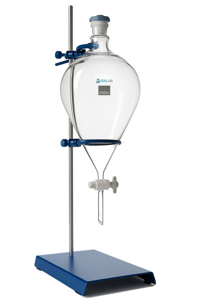 Laboratory separatory funnel setup,  glass body with drain tube and PTFE stopcock