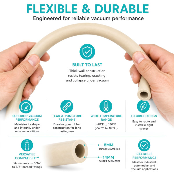 Features of USA Lab 8mm rubber vacuum hose including flexible construction, airtight seal, chemical resistance, and compatibility with 5/16 inch to 3/8 inch fittings.