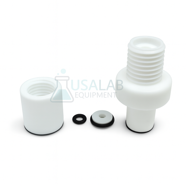 USA Lab PTFE thermometer adapter, 14/20 or 24/40 joint, with Buna compression gaskets; fits 3.5/5/6 mm probes on glassware.