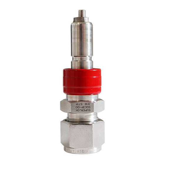 Superlok stainless steel quick connect stem with red protective cap and compression fitting, front view on white background