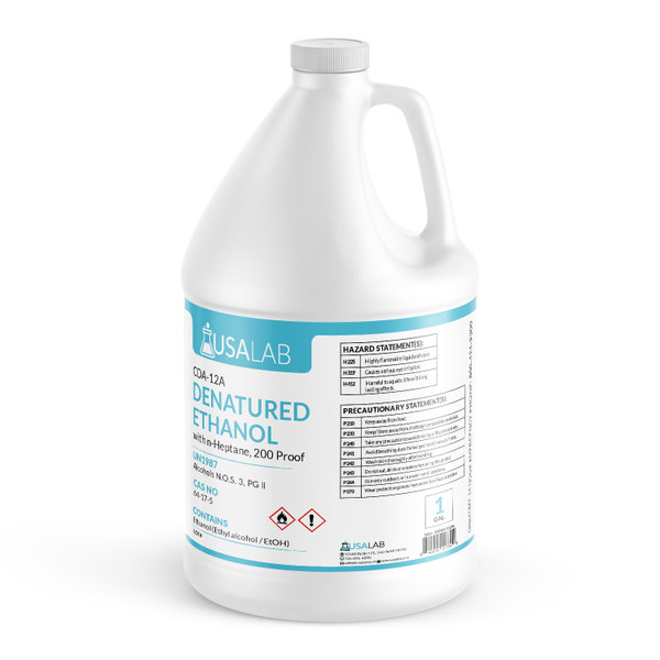 USA Lab High Purity CDA 12-A 200 Proof denatured ethanol with n-heptane — 1 gallon jug, front label view, high purity industrial solvent