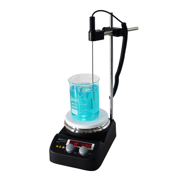 USA Lab 3L hotplate stirrer with ceramic-coated round heating surface, digital temperature and speed controls, and compact design. TUV certified for laboratory safety and reliability.
