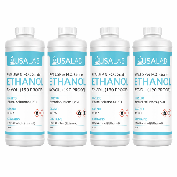 Pack of 4 x 1-quart bottles (total 1 gallon) of USA Lab 190 Proof Ethanol USP 95%, USP-grade anhydrous ethyl alcohol, colorless solvent in plastic containers with hazard labels and USA Lab branding. Convenient no-haz-fee shipping option for moderate-volume needs, excise tax prepaid
