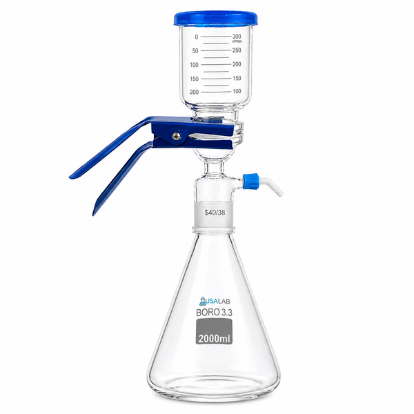 USA Lab Glass Vacuum Filtration Kit with 40/38 Glass Joint Connection – complete laboratory filtration assembly including borosilicate glass funnel, flask, adapter, and vacuum port designed for precise solvent and particulate separation.