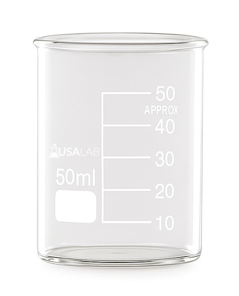 "USA Lab 50ml Shot Glass Beaker – clear borosilicate glass with white ‘Influenced by Alcohol’ text and ethanol molecule graphic, designed to resemble a laboratory beaker for a fun science-themed drinkware piece."
